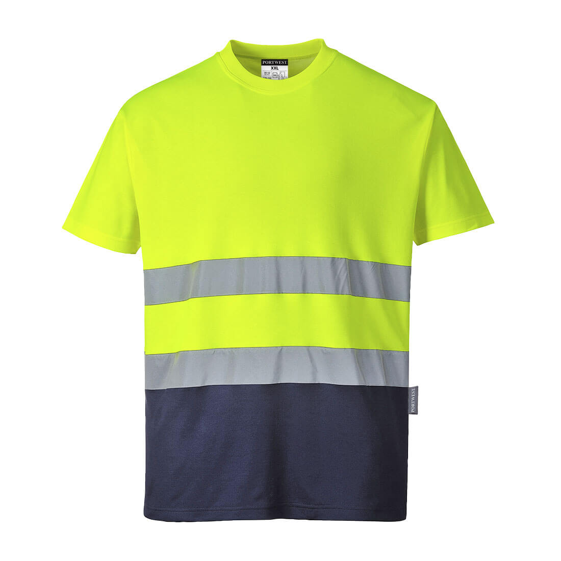T-shirt dwukolorowy ostrzegawczy Cotton Comfort — Żółty / Granatowy