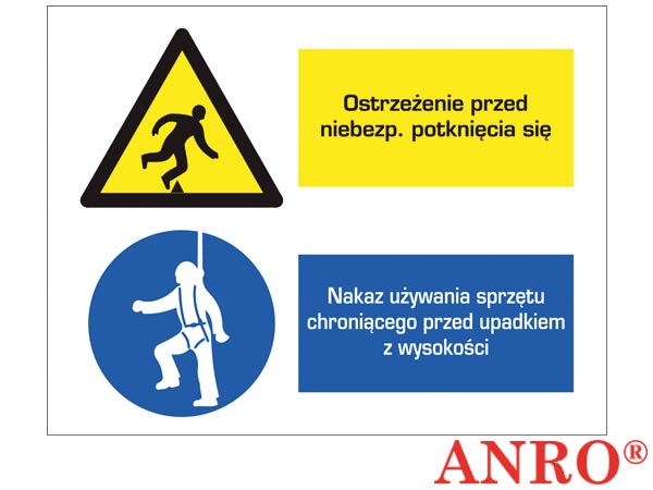 Znak BHP "Ostrz.przed niebezp.potknięcia się/Nakaz używ.sprz.chron.przed upad.z wys." ZZ-8OZ