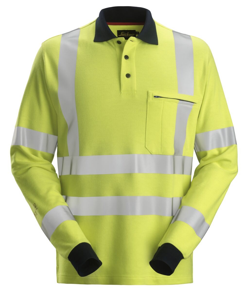 ProtecWork, Polo odblaskowe – długi rękaw, EN 20471/3 — Żółty Odblaskowy / Granatowy