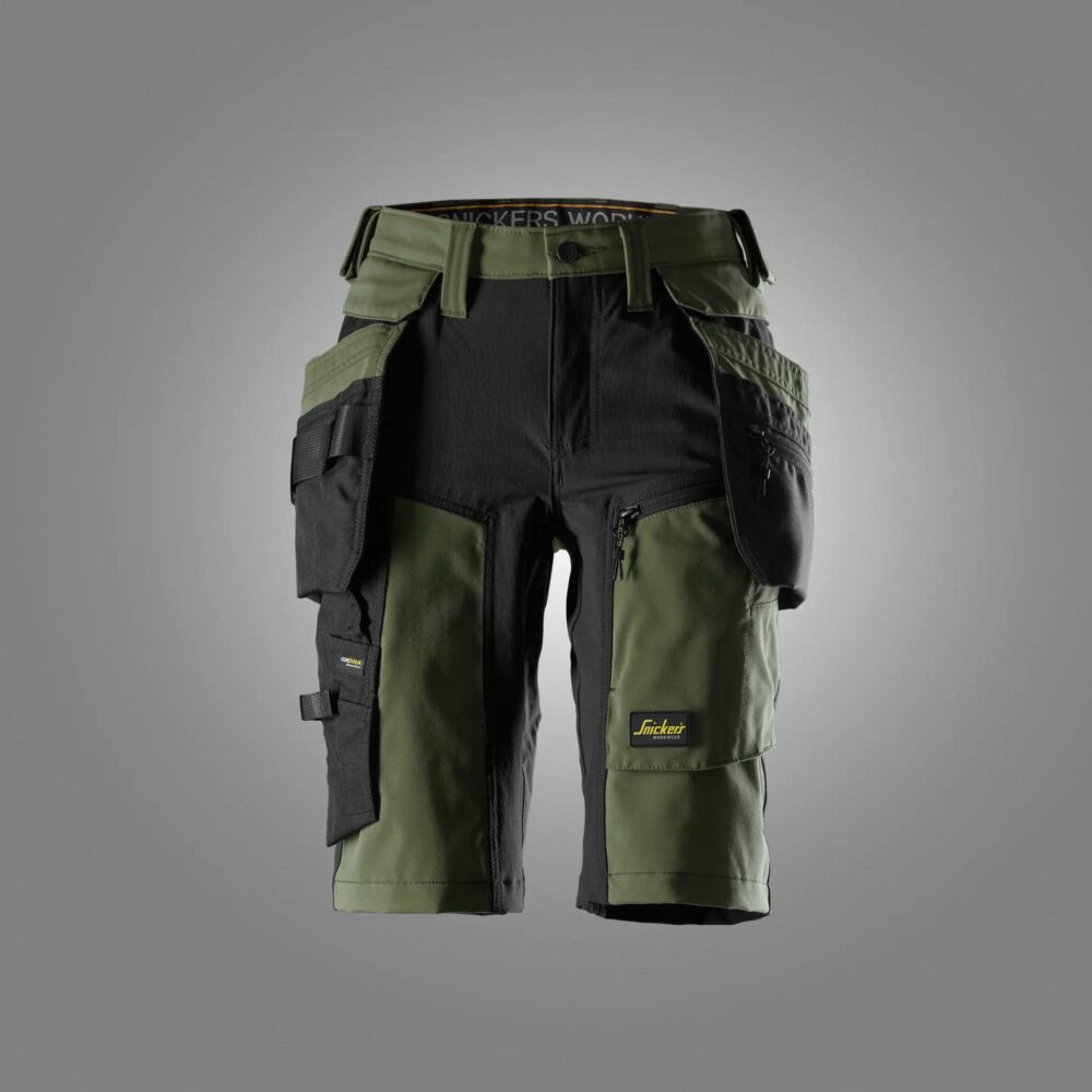 AllroundWork, Spodenki stretch z workami kieszeniowymi – damskie — Khaki Zielone / Czarny