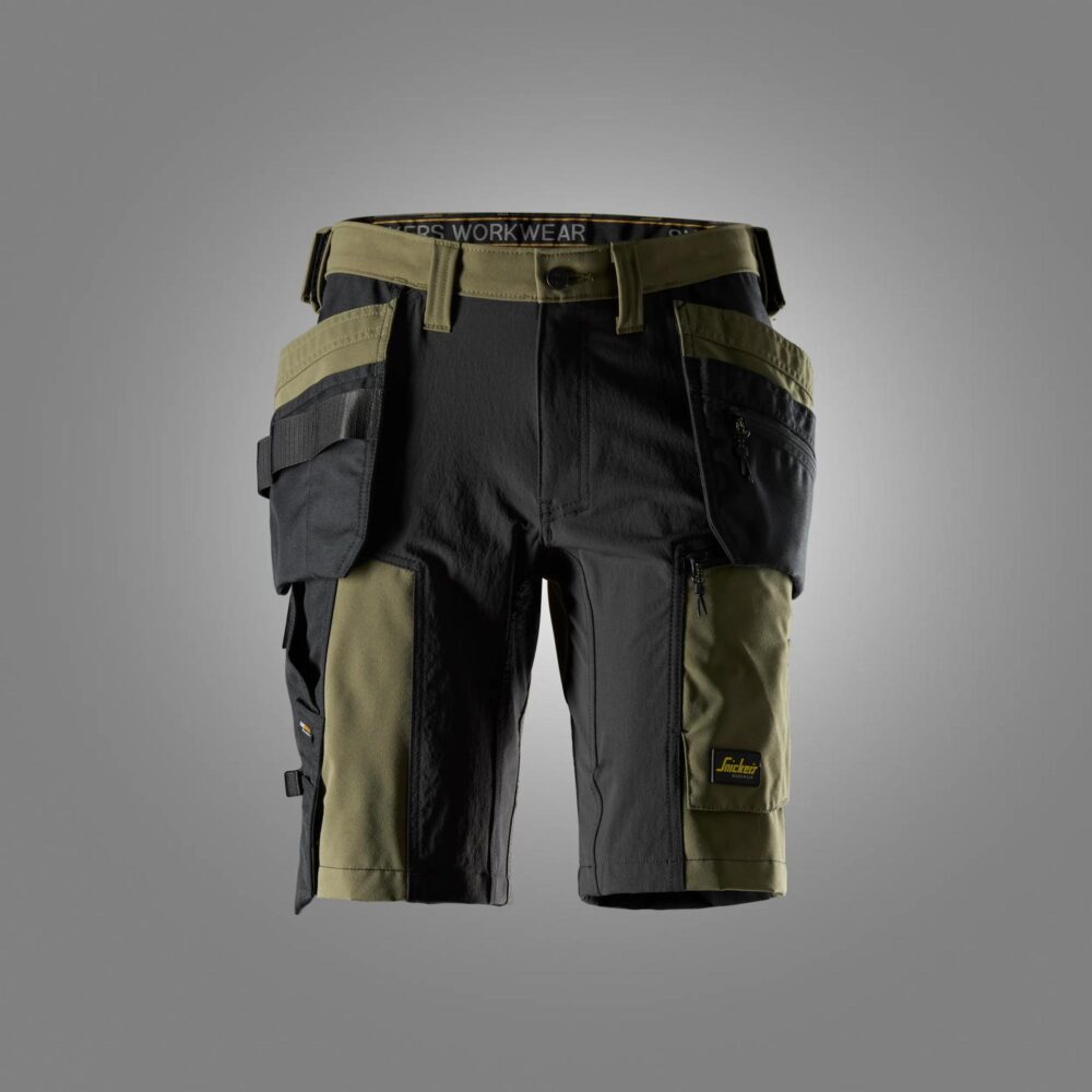 AllroundWork, Spodenki stretch z workami kieszeniowymi — Khaki Zielone / Czarny