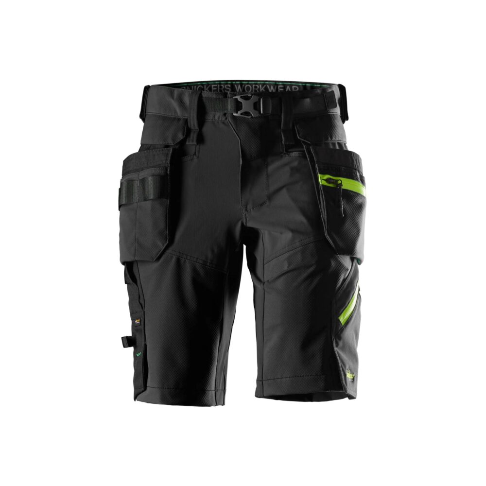 FlexiWork, Spodenki softshell stretch z odpinanymi workami kieszeniowymi — Czarny / Neonowy Żółty
