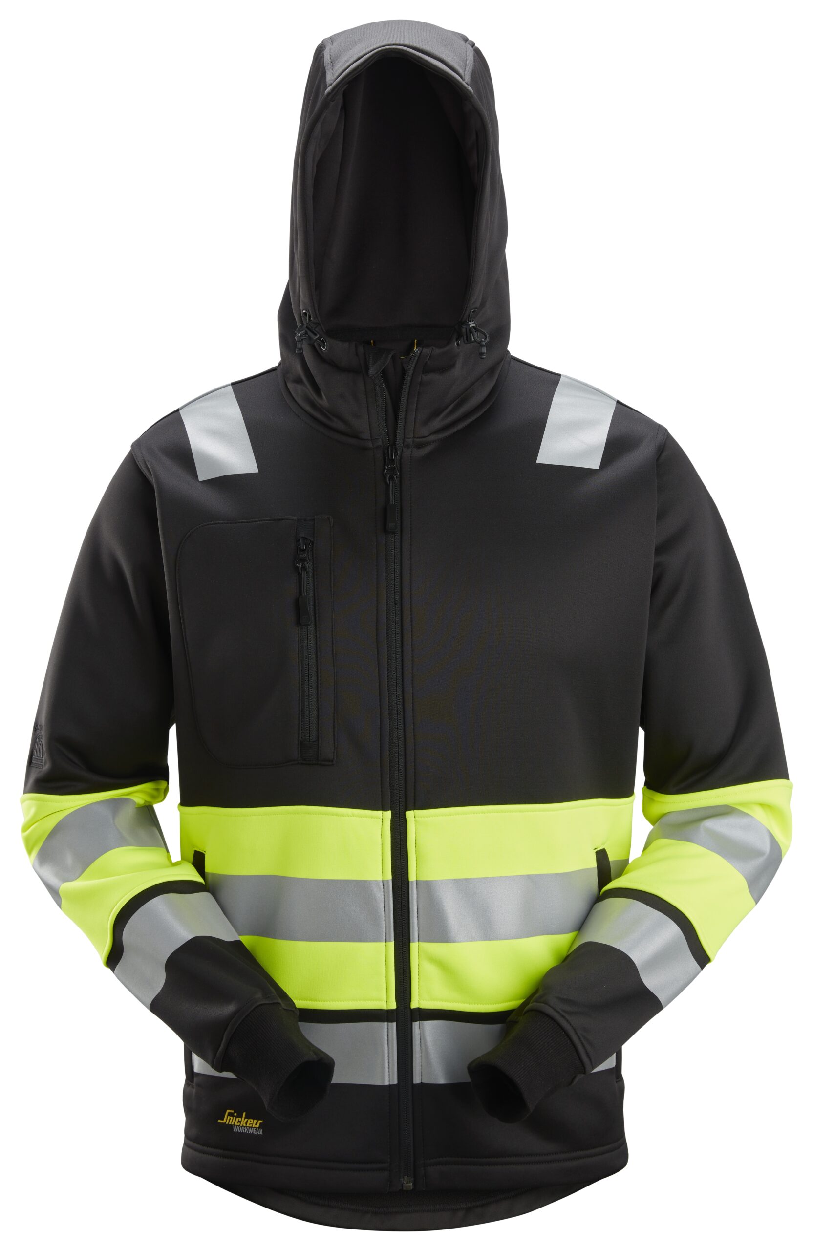 High-Vis, Bluza odblaskowa z kapturem, na suwak, EN 20471/1 — Czarny / Żółty Odblaskowy